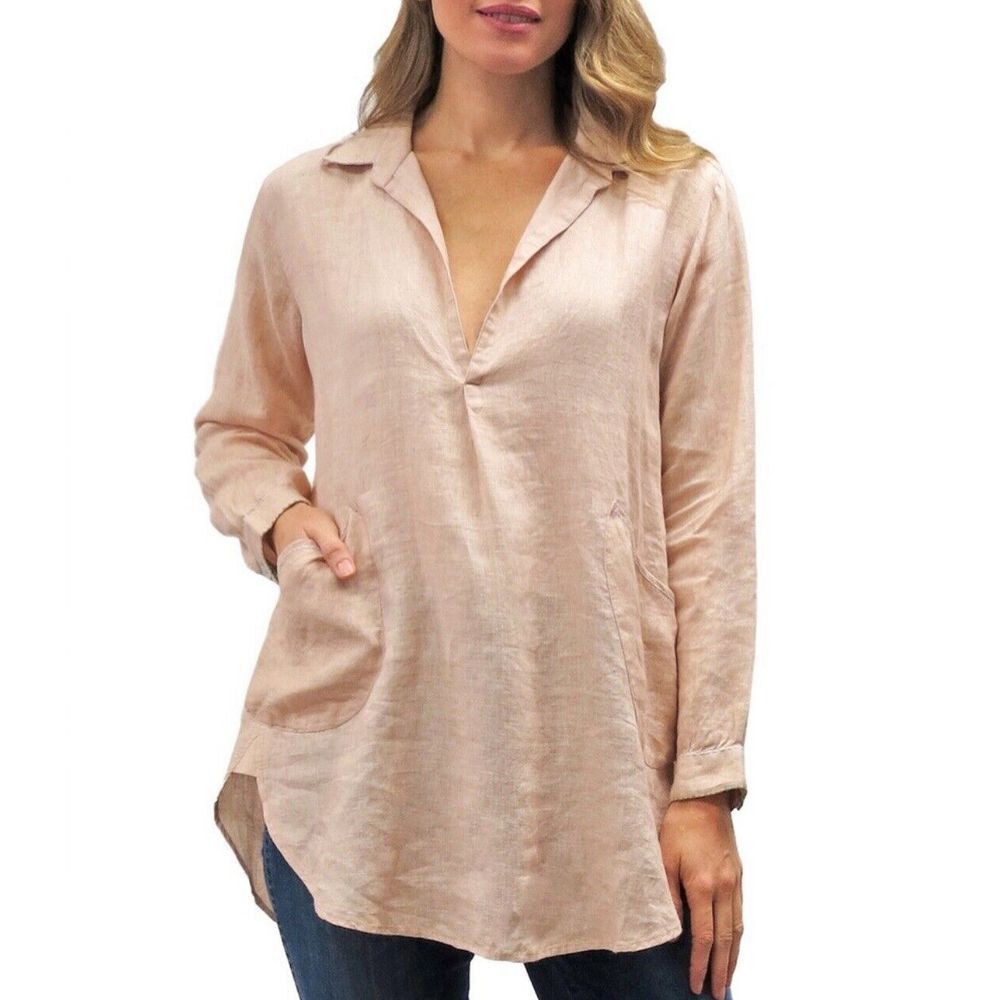 Karyn Seo 100% Linen Long Sleeve Tunic Shirt Blush Pink Size M Anthropologie